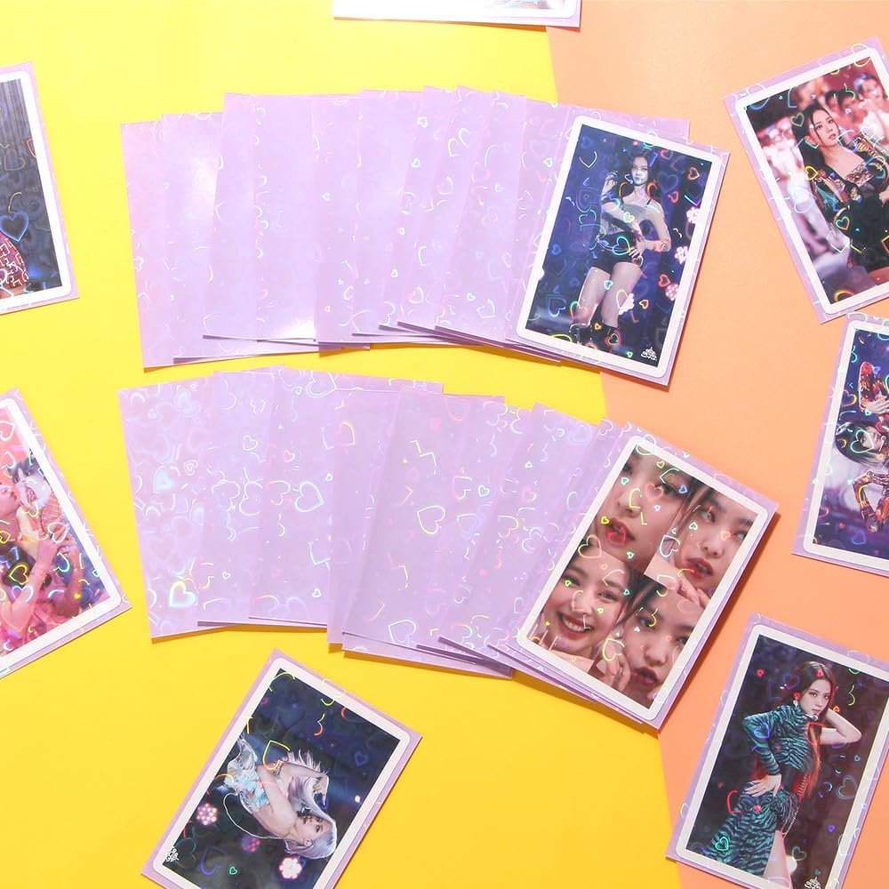 50pcs Laser Flashing Kpop Holographic Clear Card Sleeves - Purple, 61x91mm, Perfect For Baseball & Trading Cards