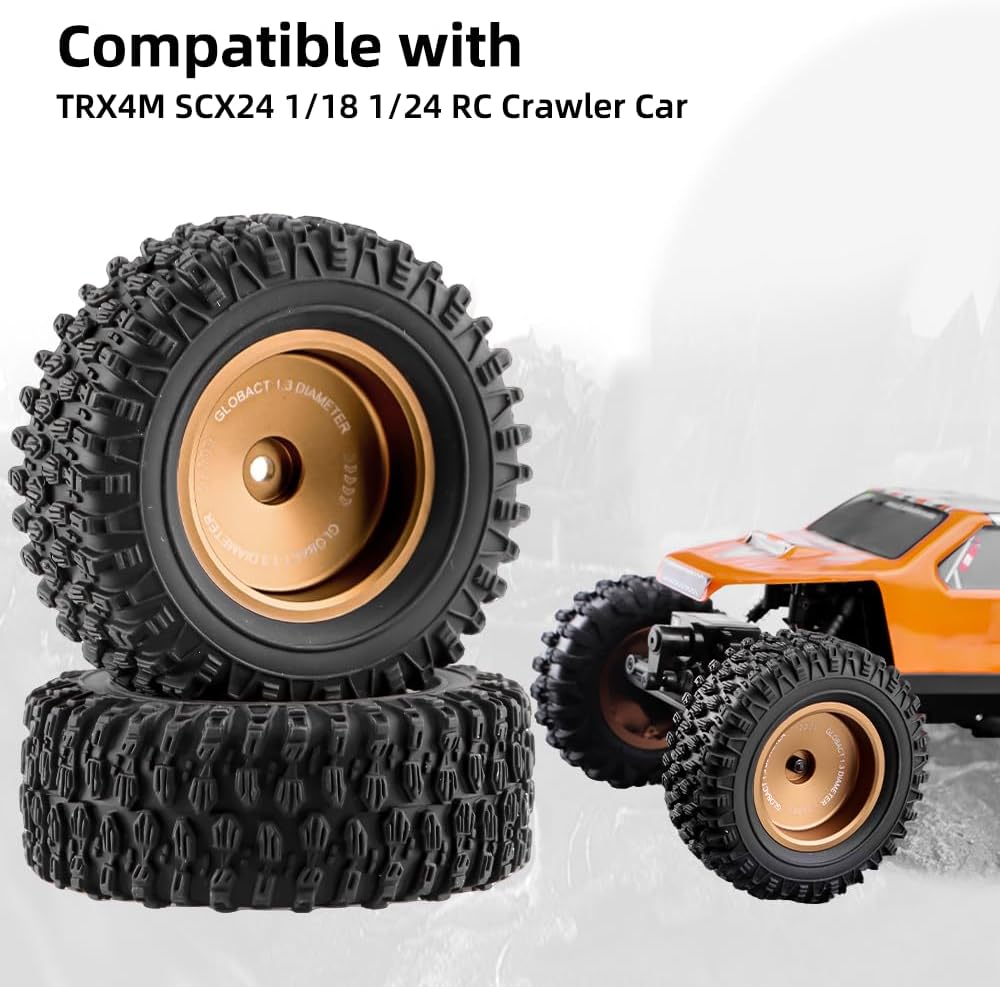 GLOBACT 1.3" Beadlock Wheels and Tires 64 * 24mm Soft Rubber Tires for 1/18 1/24 TRX4M SCX24 RC Crawler Car Upgrade Accessories (4PCS Bronze)