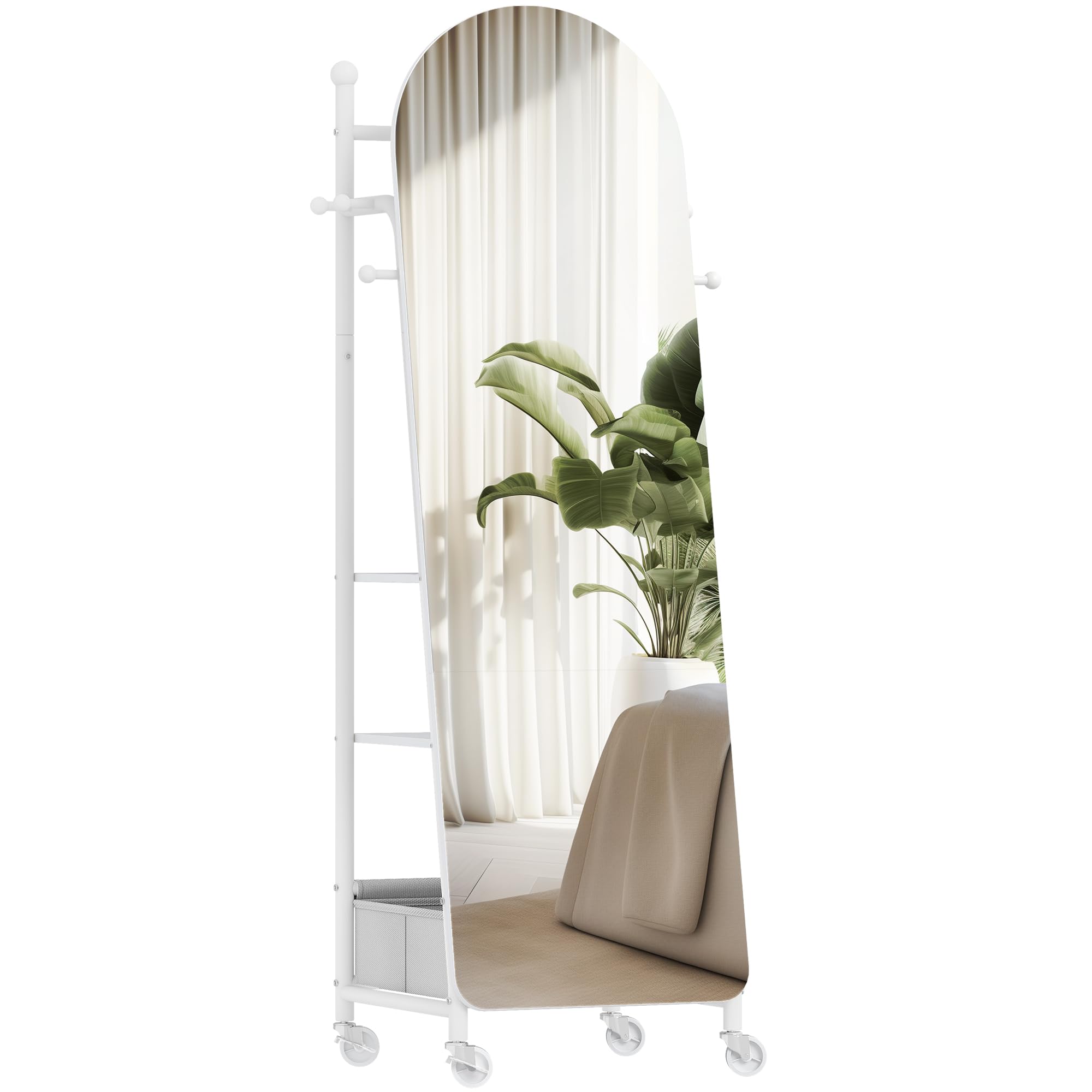 Hzuaneri Ganzkörperspiegel, Standspiegel mit Kleiderständer, 50 x160 cm, 360° Drehbare Rollen, Großer Spiegel mit Aufbewahrungsbox und Haken, für Schlafzimmer und Wohnzimmer, Weiß DM42203W
