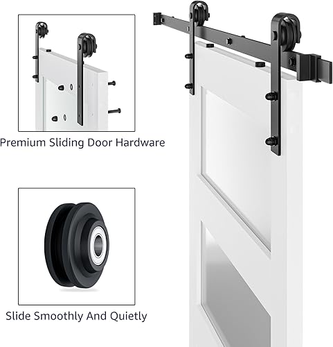 Miniatura 5 de COSHOMER Puerta corrediza doble de granero de 3 paneles de 18 x 84 pulgadas con vidrio esmerilado y kit de herrajes de 6.6 pies, impermeable, fácil