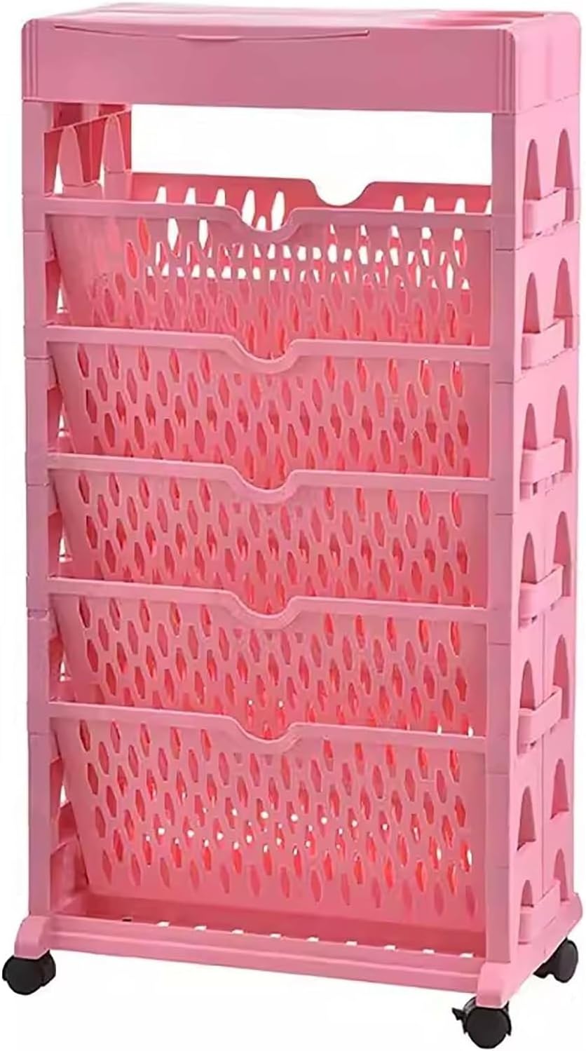 book cartMobile Bookshelf,Mobile Bookshelf with Wheels, Mobile Bookshelf Cart Rolling 6 Tier Movable Bookshelf Cart Desk Side Cart for Office Dorm Classroom, (Color : Pink)