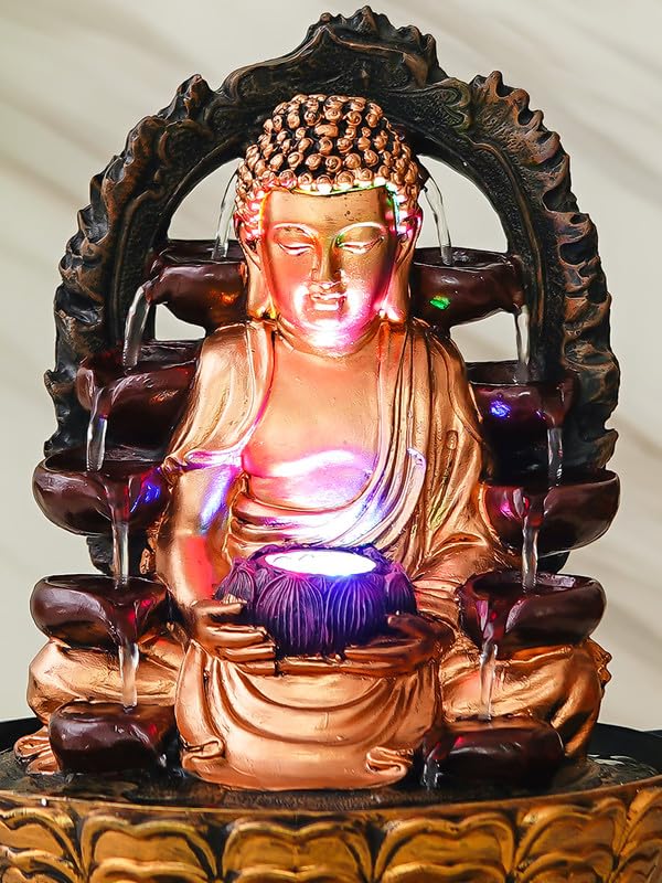 Image of Golden Brown Polyresin Tabletop Buddha Indoor Water Fountain for Home Decor with LED, Speed Control Pump (Size: 37 x 27 x 27 CM | Weight: 2185Gram)