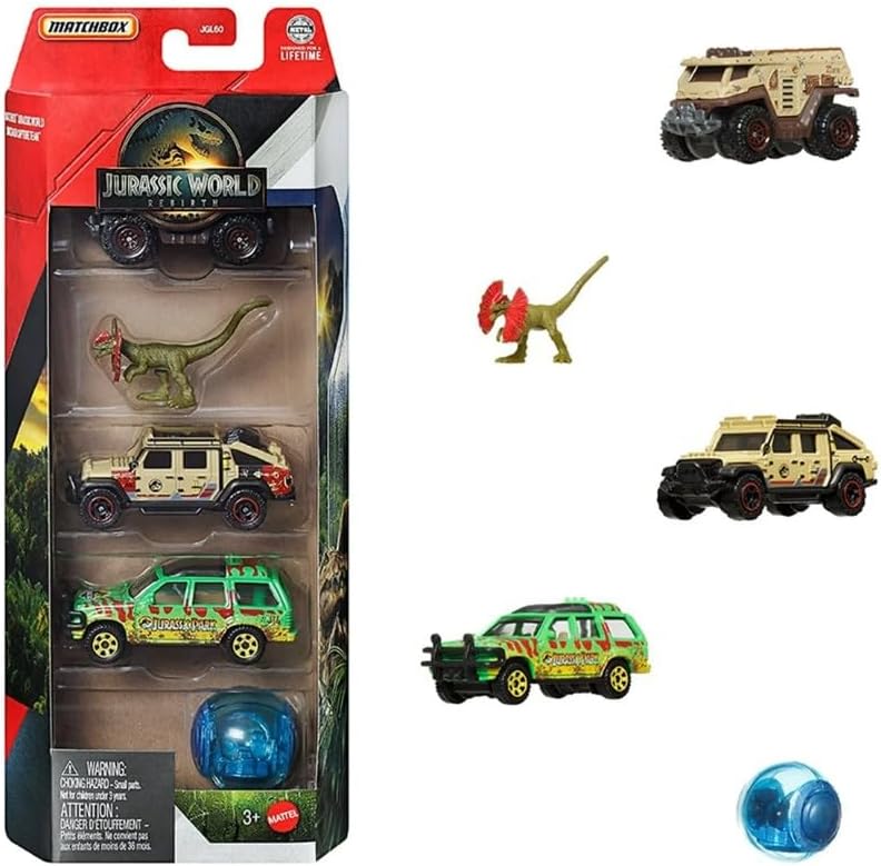 Hot Wheels Jurassic World Toy Cars, Trucks & Dinosaur, 5-Pack with 4 1:64 Scale Die-Cast Toy Vehicle & 1 Dinosaur from The Franchise (Set 1)
