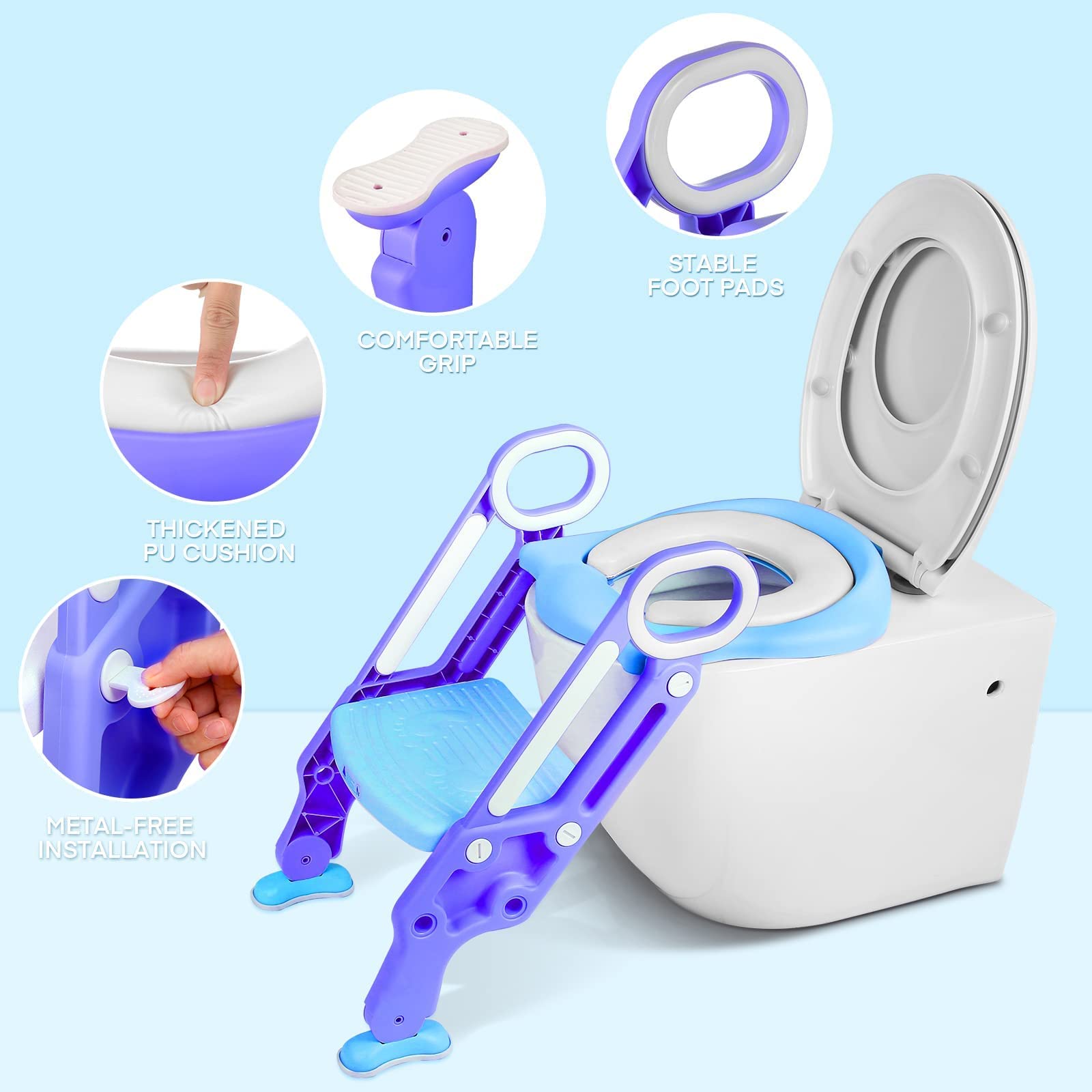 Siège De Toilette Enfant Réglable Et Pliable Avec Échelle - Réducteur Toilette Bébé Bleu Pour Hauteur 38-42cm