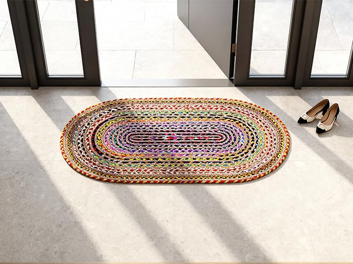 Craft Trade Multicolore Bohème Ovale Chindi Tapis en Jute Réversible Tressé Tapis de Chiffon Jute Lavable Tissé à la Main pour Cuisine Salon et Chambre -...