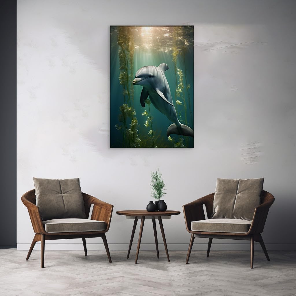 Canvas for Living room. Dolphin Delight Dive into Serene Ocean Bliss, 27 x 18 inch Canvas Wall Art - Contemporary Masterpieces - Modern Home Decor