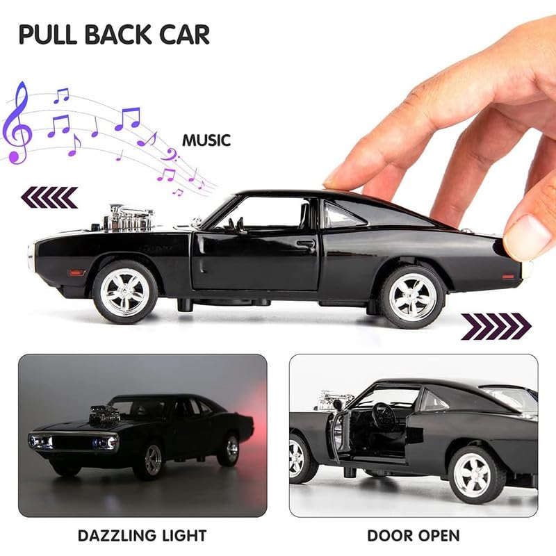 Image of Kids Model 1:32 Fast & Furious 7 Die Cast Metal Car Pull Back Action Opening Doors with Realistic Engine Sound Lights Toy Car Gift for Boys - Black