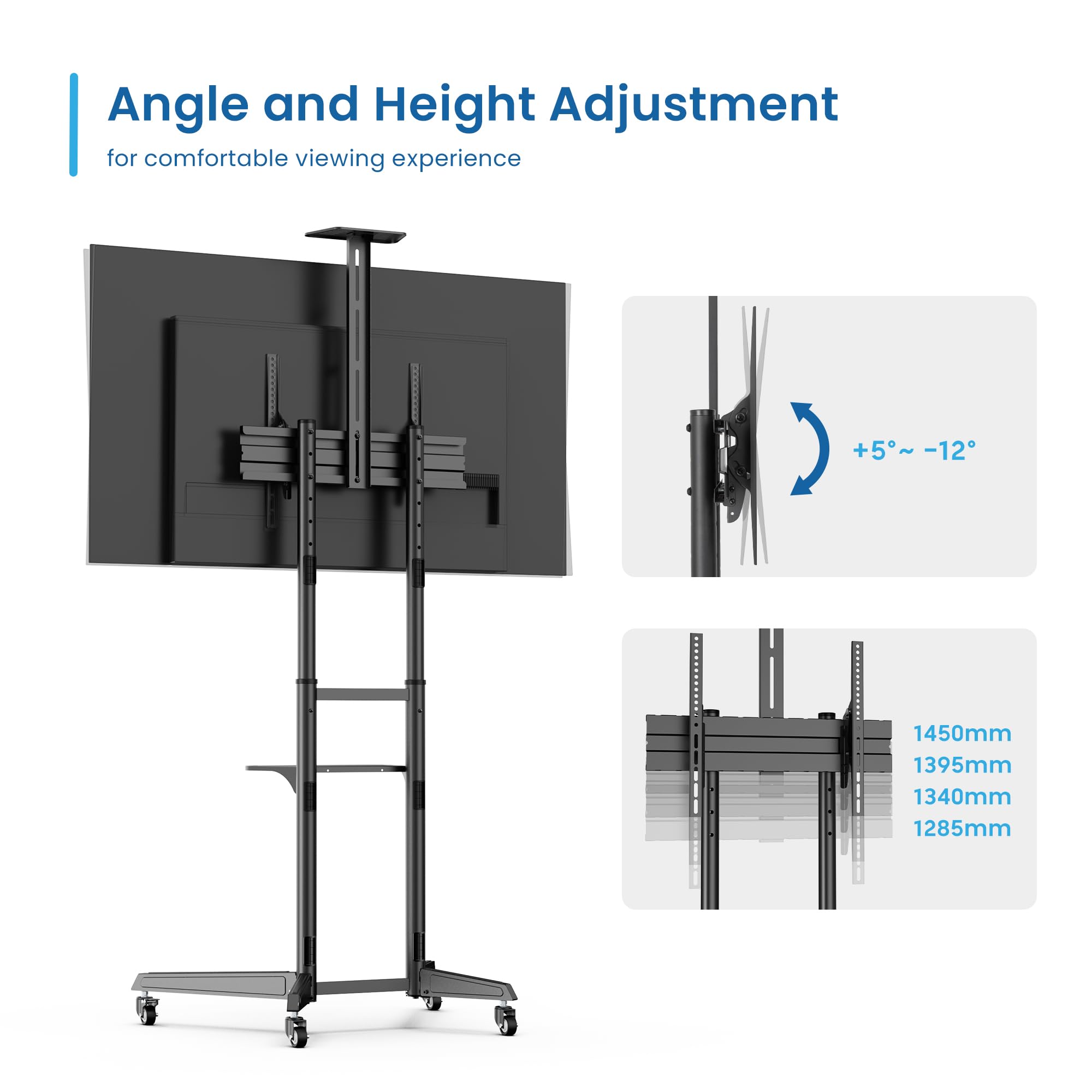 Soporte de TV de Pie con Ruedas Ewent, Carro para Televisores de 37-70" Máx.50kg, Soporte de TV Ajustable, Inclinable y Móvil,Máx. VESA 600x400mm, Gestión de Cables, con Estante y Base para Habitación