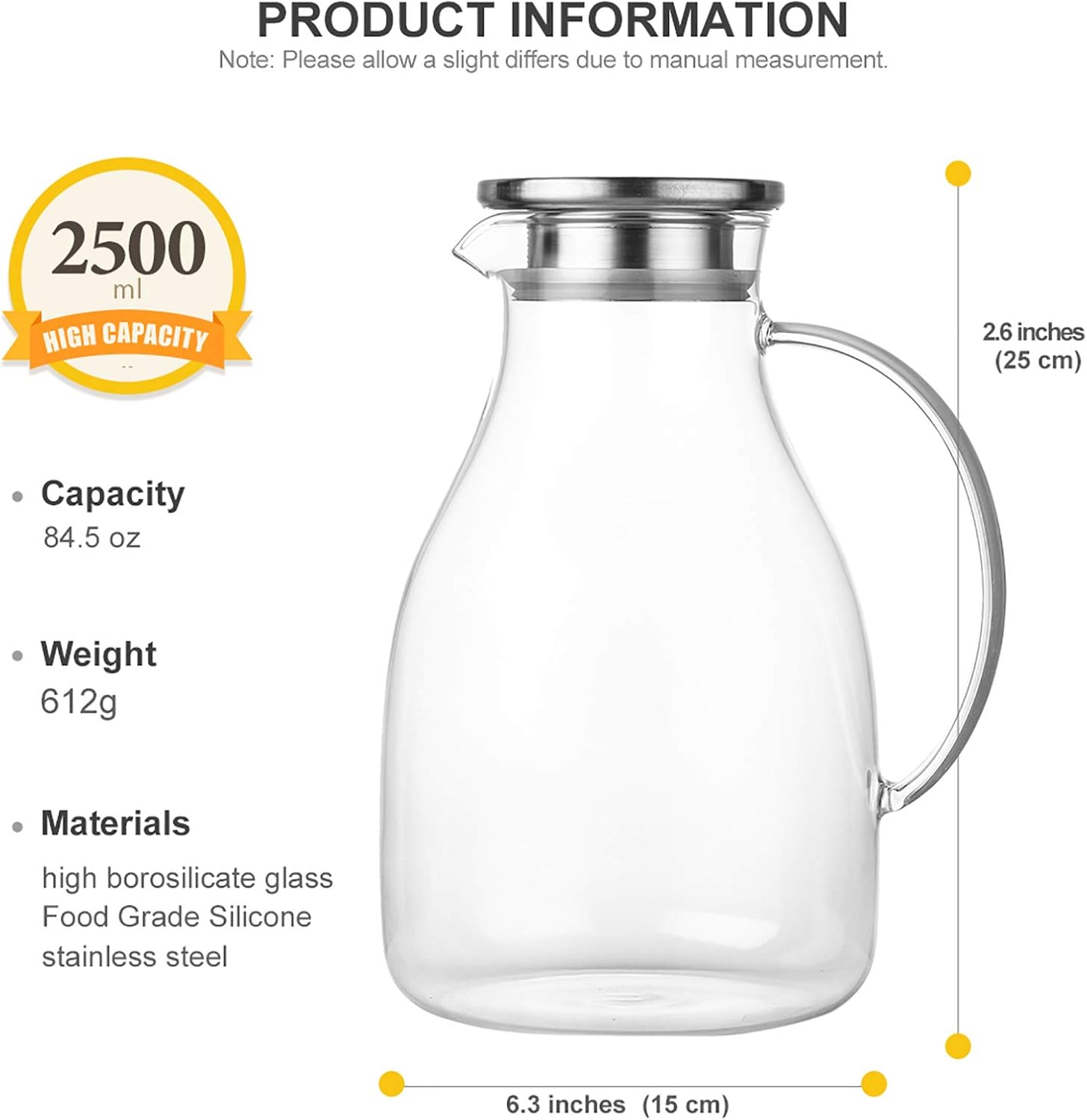  | 85 Ounces Glass Pitcher with Filter Lid/Water Carafe for Homemade Juice & Iced Tea,Stovetop Safe Beverage Jug: Carafes & Pitchers