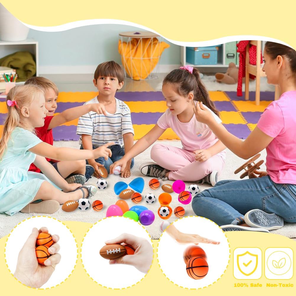 24 Pcs Prefilled Easter Eggs with Sports Balls, Filled Eggs with Stress Relief Toys Ball for Kids Toddlers Easter Basket Stuffers, Easter Eggs Hunt