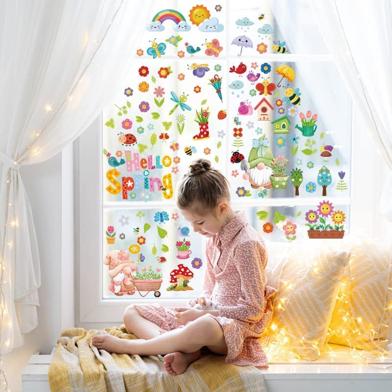 Stickers Fenêtre Enfant FLEURS & ABEILLES Printemps - Décorations Autocollantes, Effet Capteur De Soleil | Pour Vitres, Chambre, Cuisine