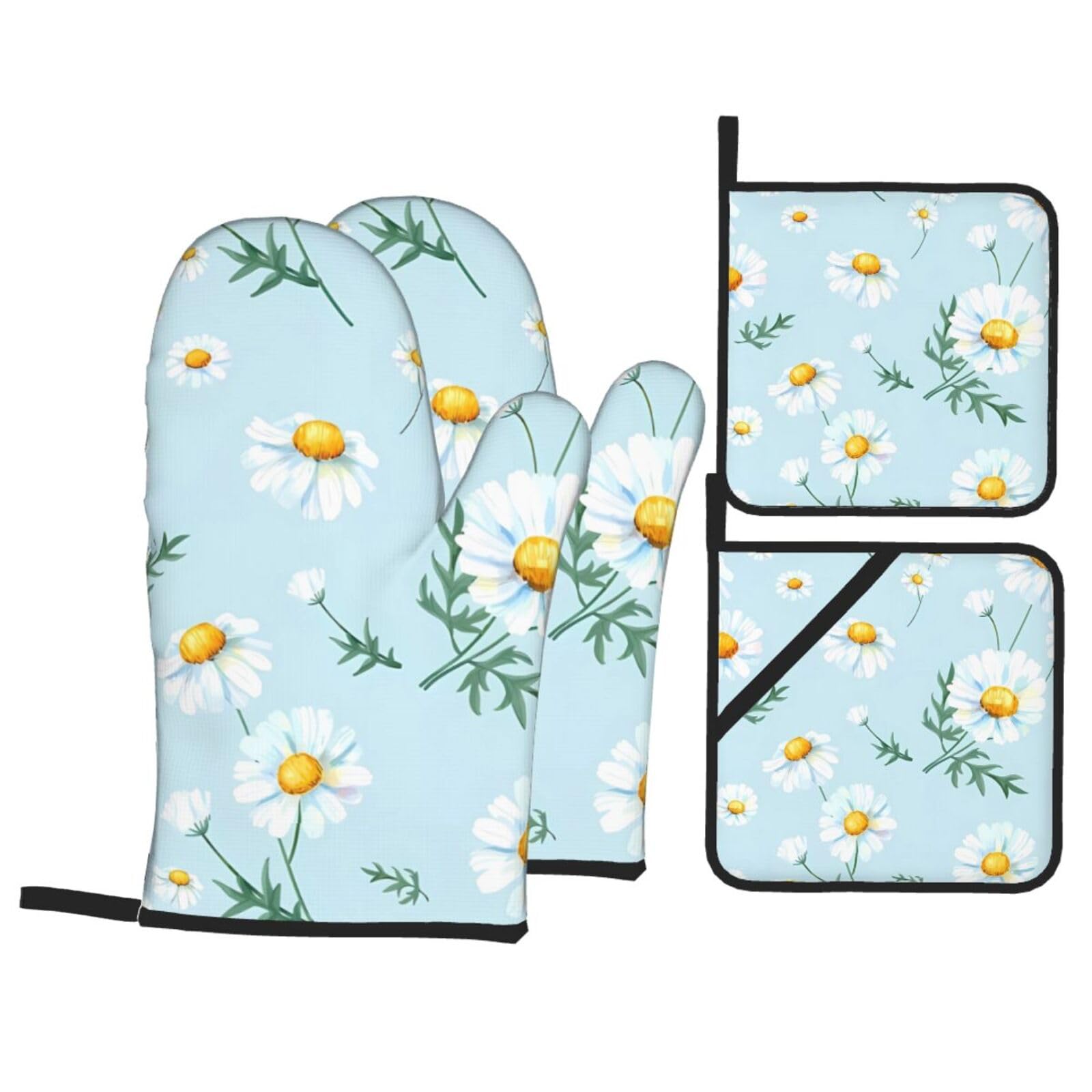 WHJSSF Daisy Prints 4-Piece Waterproof Oven Throws & Heat Resistant Pot Covers – Durable Kitchen Layers for Grilling & Baking