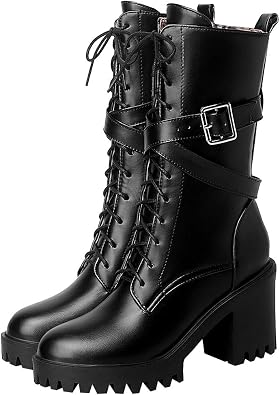 Parisuit Womens Chunky Lace Up Mid Calf Boots Goth Platform Boots