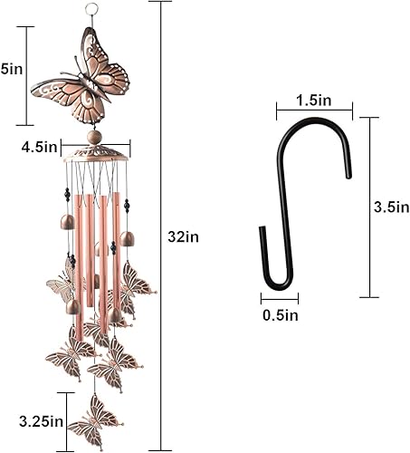 Vista 6 de Campanillas de viento de mariposa de latón, campanillas de viento de condolencias para exteriores, regalos para mamá, decoración de campanillas