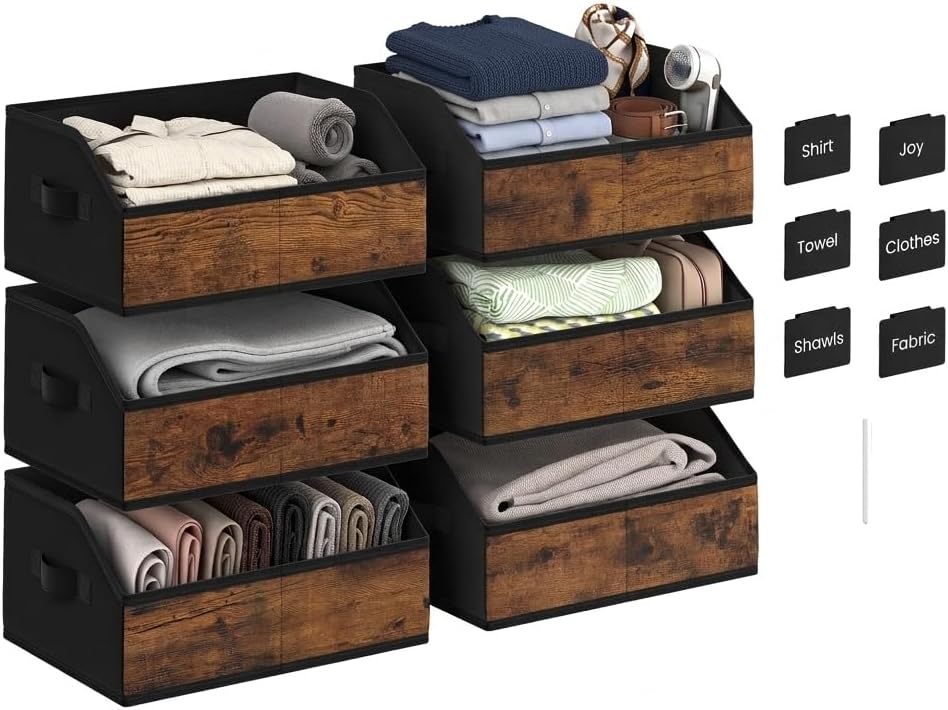 Closet Storage Bins 6 Pack, Trapezoid Fabric Bins with Handles for Shelves, Foldable Storage Boxes for Clothes Toys Hats, With Labels& Chalk Marker for Home Organization Rustic Brown and Black