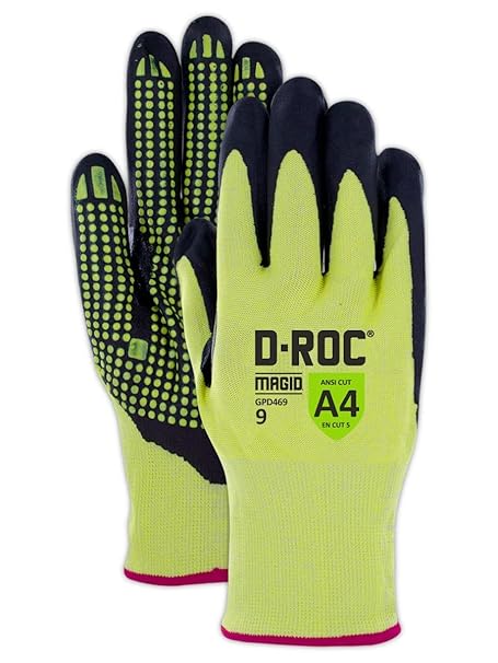 Cut Resistant Hi-Viz Polyurethane Coated Gloves with Foam Nitrile Dots | Cut Level A4 Hyperon Work Gloves for Machining & Metal Stamping (GPD469-11) - Black/Hi-Viz Yellow, Size 11 (12 Pairs)