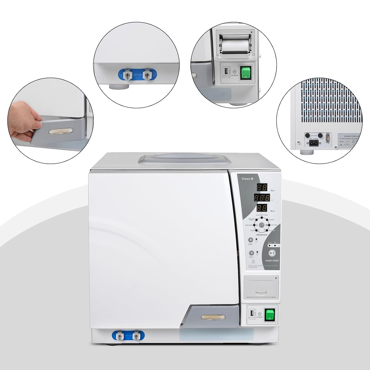 BONEW-Oral Class B Autoklave 18L/23L Dampfsterilisator, vollautomatische Trocknungsfunktion, Temperatur der Sterilisation um 3 Mal einstellbar, Vor-Vakuum mit Wassertank, Drucker, USB-Anschlüsse (18L) | Autoklaven