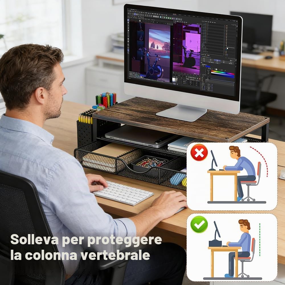 Supporto per monitor con cassetto, organizer da scrivania per schermo e laptop, ergonomico rialzo per monitor come accessorio per scrivania e gadget (nero)