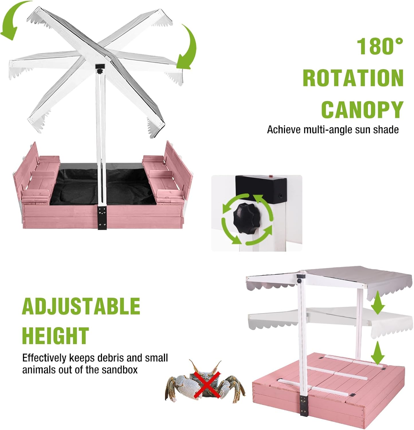 Sandbox for Kids with Adjustable Canopy, Wooden Sand Box with 2 Foldable Seats, Sandbox with Lid Outdoor (Pink)