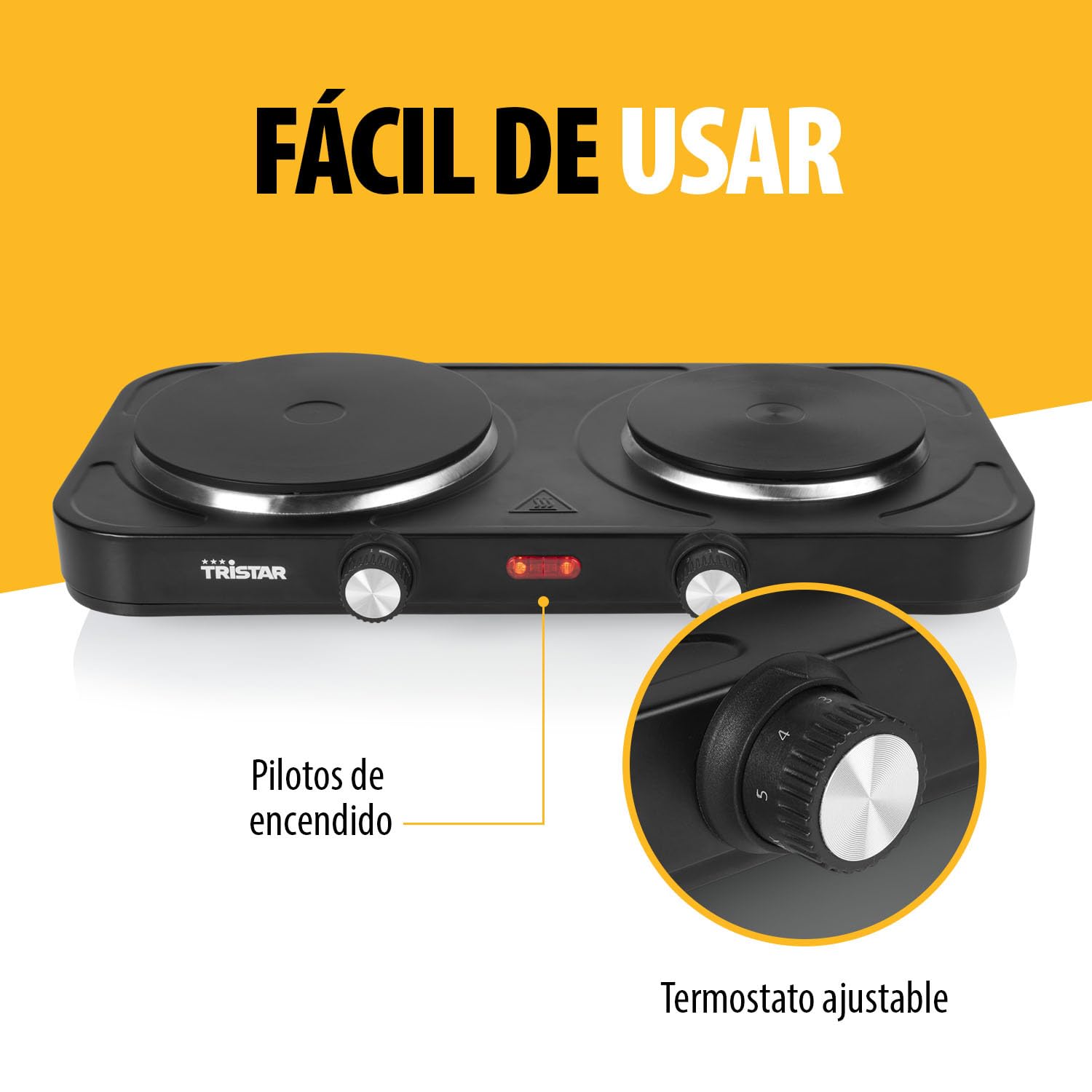 Placa de cocina pórtatil Tristar - Doble quemador - Para alojamiento de estudiantes, camping, cocina americana - 15,5 y 18,5 cm de diámetro - Termostato regulable - 2 500 W - KP-6152
