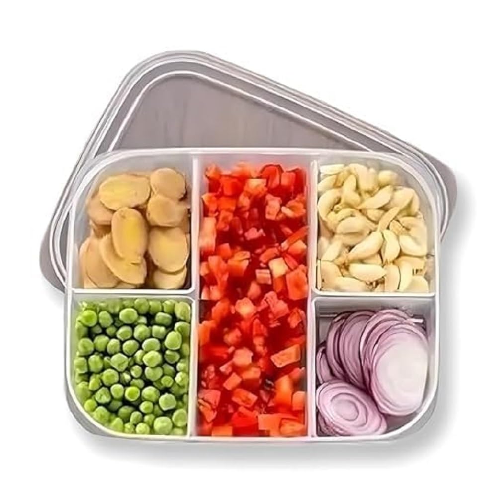 CARTEEO 5-Compartment Food Storage Container with Airtight Lid-BPA-Free Fridge Organizer for Vegetables,Onion,Garlic,Ginger Meat-Prepared Vegetables Stackable Kitchen & Freezer Containers(1 pcs)