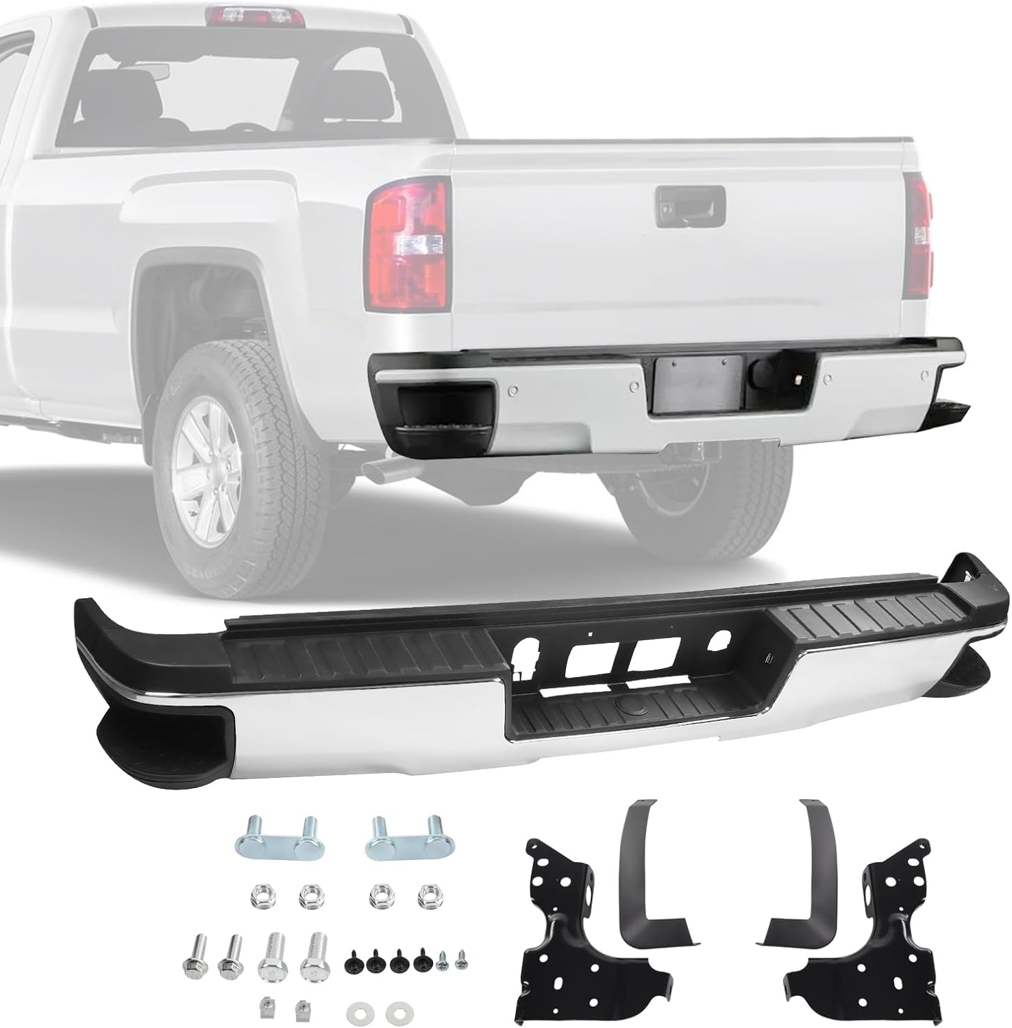 DICMIC Rear Step Bumper Assembly w/Parking Aid Sensor Hole Compatible with 2014-2018 Chevrolet Silverado 1500 GMC Sierra 1500 Replace# GM1103175, Chrome