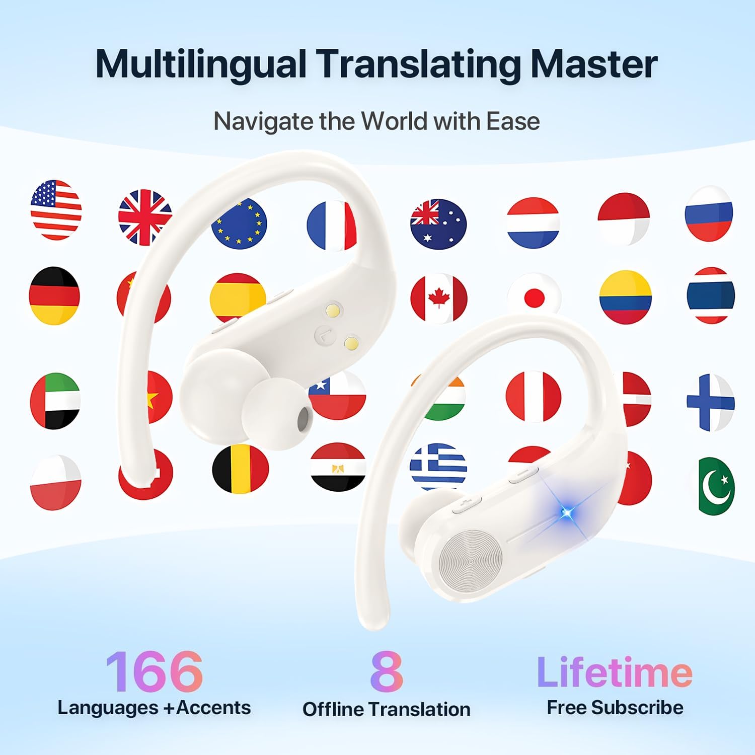 AI Translation Earbuds Real-Time: 166 Languages Audifonos Traductores Inglés Español, 60 Hours Battery - Seamless Translator Headphones for Travel Business Learning, iOS & Android Support Off-White Off'-white