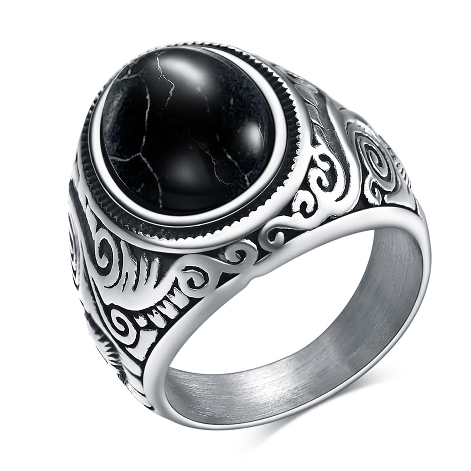 peora Silver Plated Round Black Stone Studded Finger Ring Fashion Jewellery Gift for Men & Boys (US-9)-picture-16