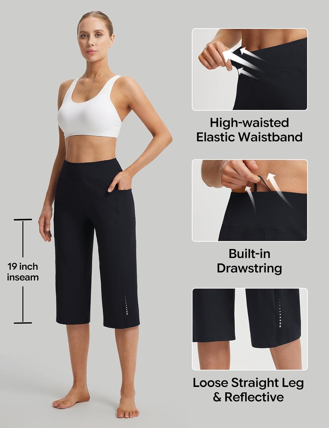 baleaf Capri Pants for Women with Pockets High Waist Yoga Dress Cropped Pants Loose Wide Leg for Casual Summer - Image 7