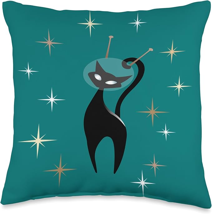MCM Retro Atomic Mid Century Modern Space Cat Turquoise Throw Pillow