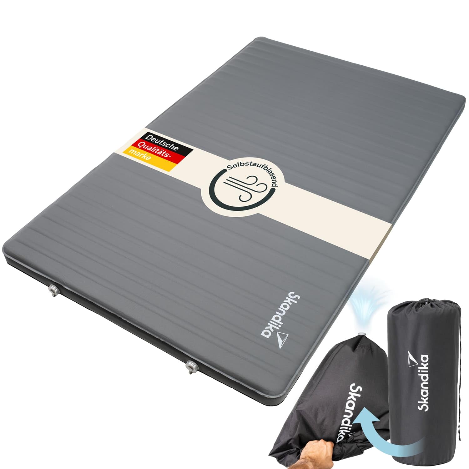 Skandika Karimata Easy 3D Premium Compact | materac dmuchany dla 2 osób, samopompująca, z workiem z pompką, wodoodporna, powierzchnia Softtouch, obciążenie do 300 kg, do aktywności na świeżym