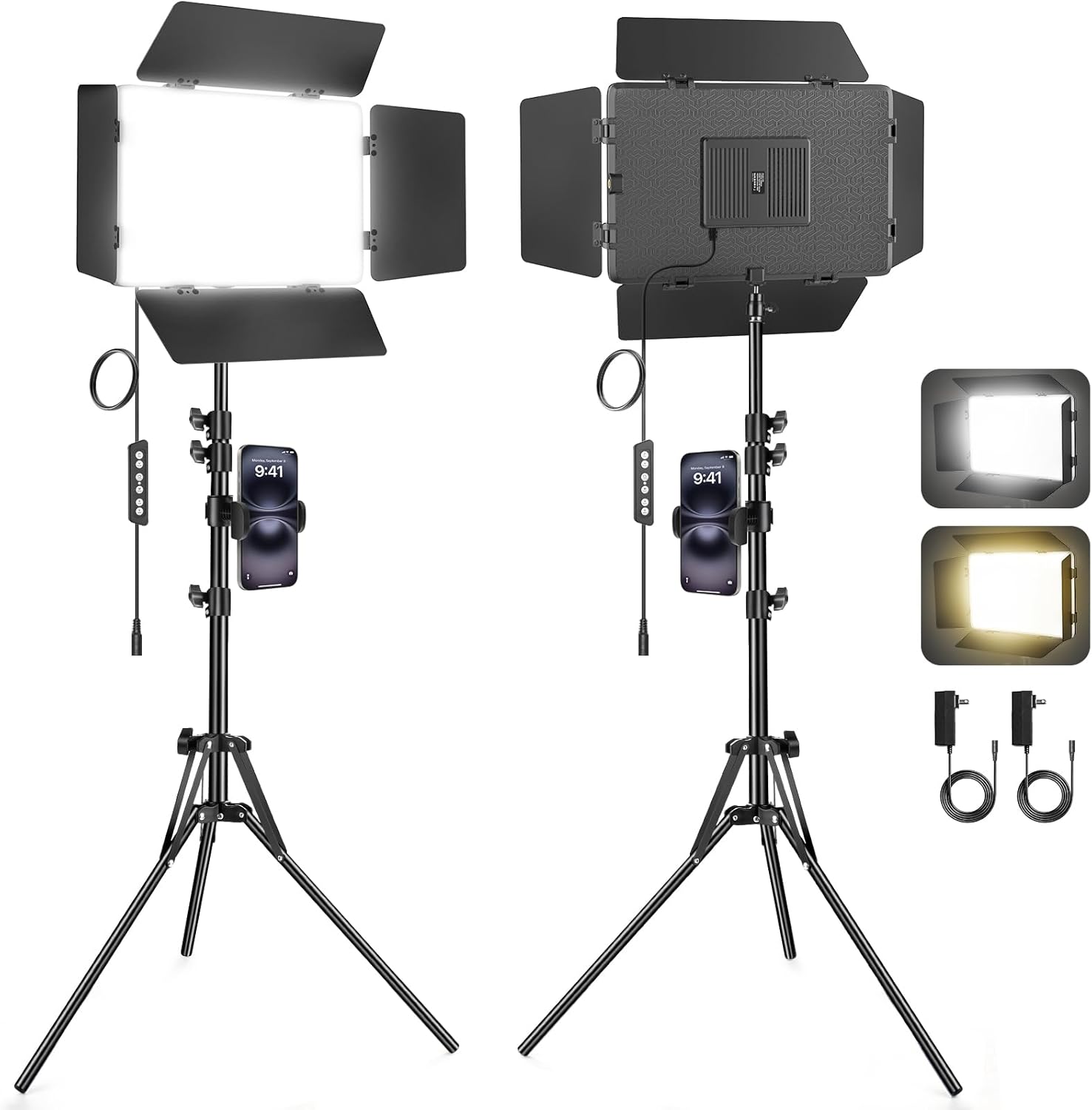 2 Pack LED Video Light with Barndoor, 30W Photography Lighting with Tripod Stand, 3000Lux CRI 98+ 2500K-8500K Studio Light Podcast Lighting for Video Recording, Game Live Streaming, Vlogging