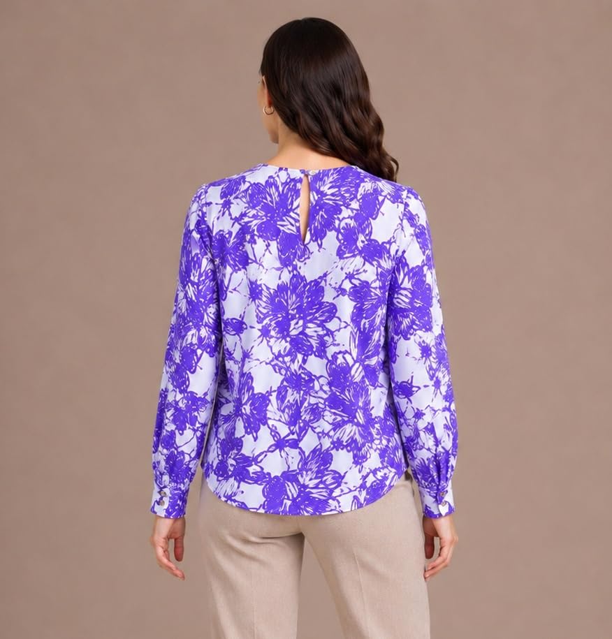 Image of Mirana Women's Full Sleeve Solid Top | Round Neck Pleated Front Regular Fit Office Casual Blouse with Button Cuffs