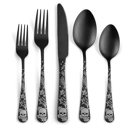 SANLUNS 40 Piece Skull Pattern Matte Silverware Set for 8, Black Flatware set Service for 8,Gothic Unique Skull Pattern Design,18/0 Stainless,Satin Finish Cutlery for 8,Dishwasher Safe - Matte Black-Skull /40pieces
