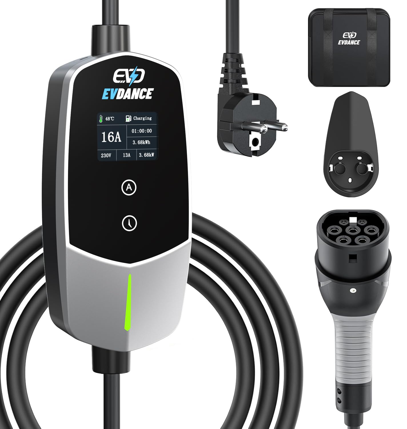 EVDANCE Typ 2 Ladekabel Schuko 3.68kW [1-phasig, 6.1m, 6-16A] Ladekabel Elektroauto mit 0-12h Zeitverzögerung Typ 2 Schuko für Elektroauto & Hybrid (PHEV/EV), Silber