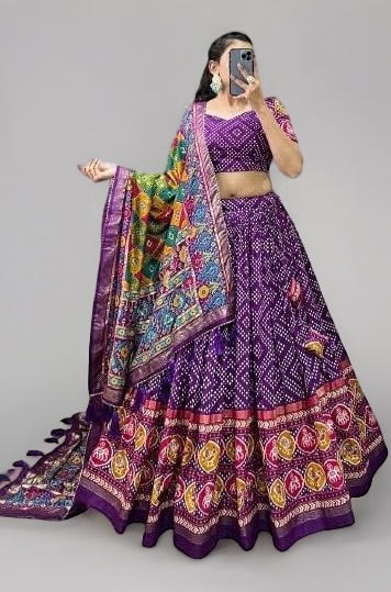 Womens' Wear Tussar Silk With Patola Printed Lehenga Choli Patola Print With Foil Work Chaniya Choli
