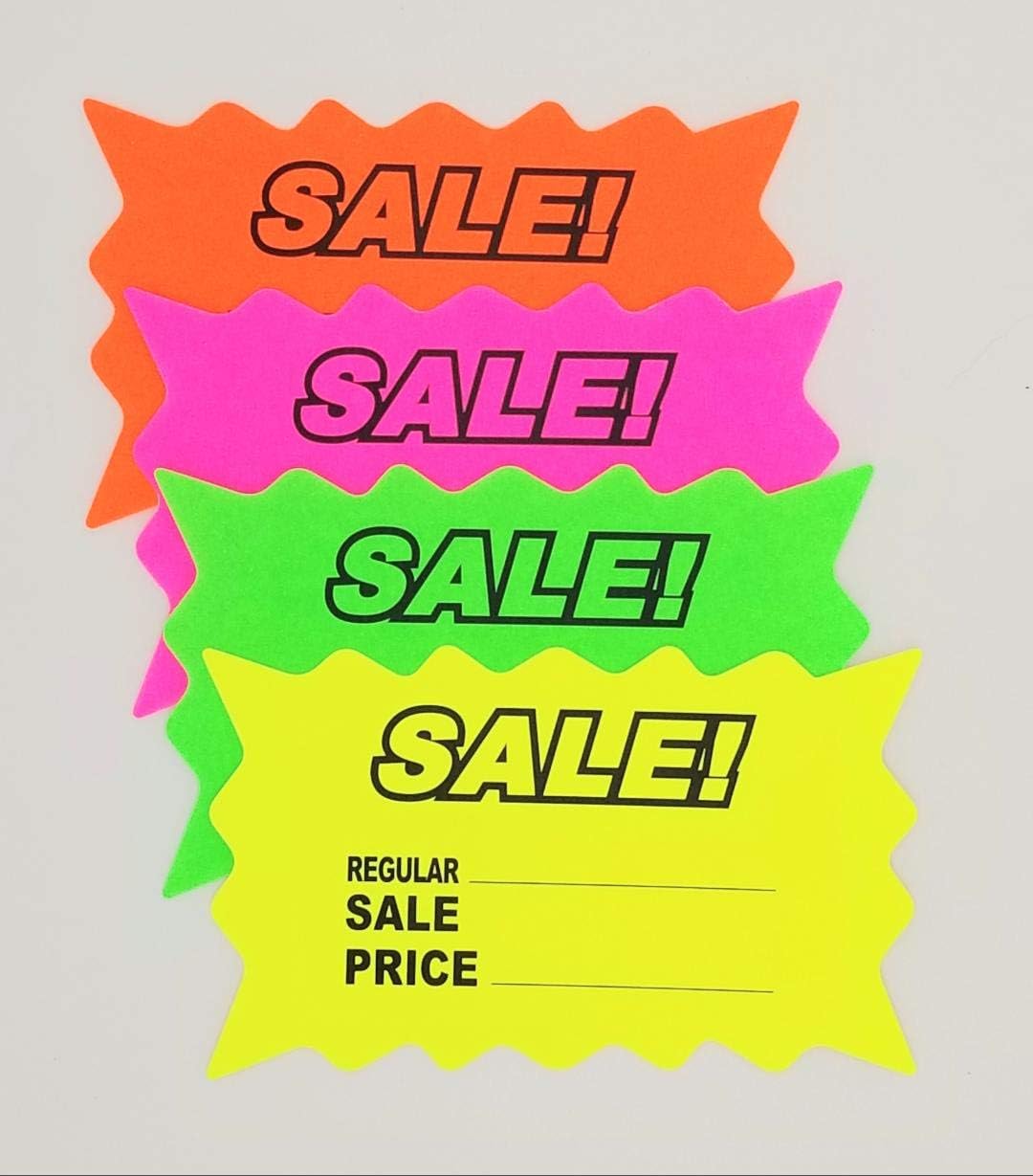 3 x 5 Starburst Cards with Regular and Sale Price, 100 per pack, 4 Fluorescent Colors