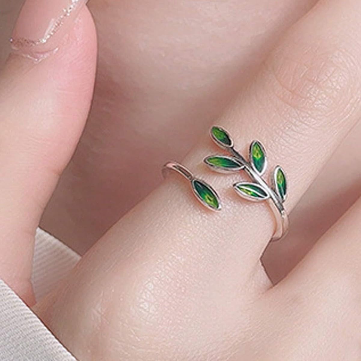 Green Enamel Olive Leaf Wrap Open Finger Ring for Women Adjustable Band Statement Plant Branch Leaves Delicate Thumb Knuckle Stacking Rings Comfort Fit Birthday Party Fashion Jewelry for Her Mom Wife - Image 3