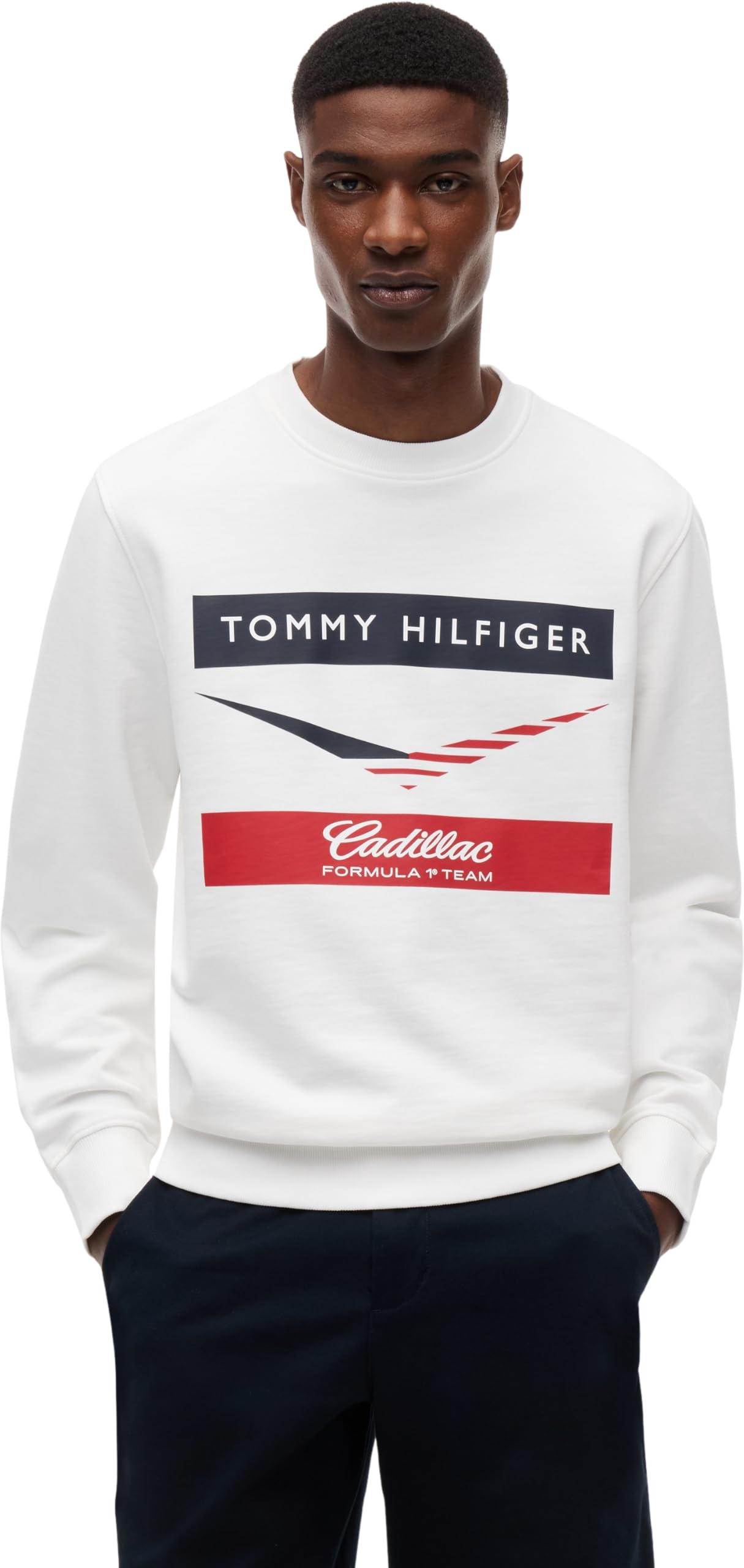 Tommy Hilfiger Unisex Sweatshirt TH X Cadillac F1 Chevron Crew Neck in Cotton, White (White), L