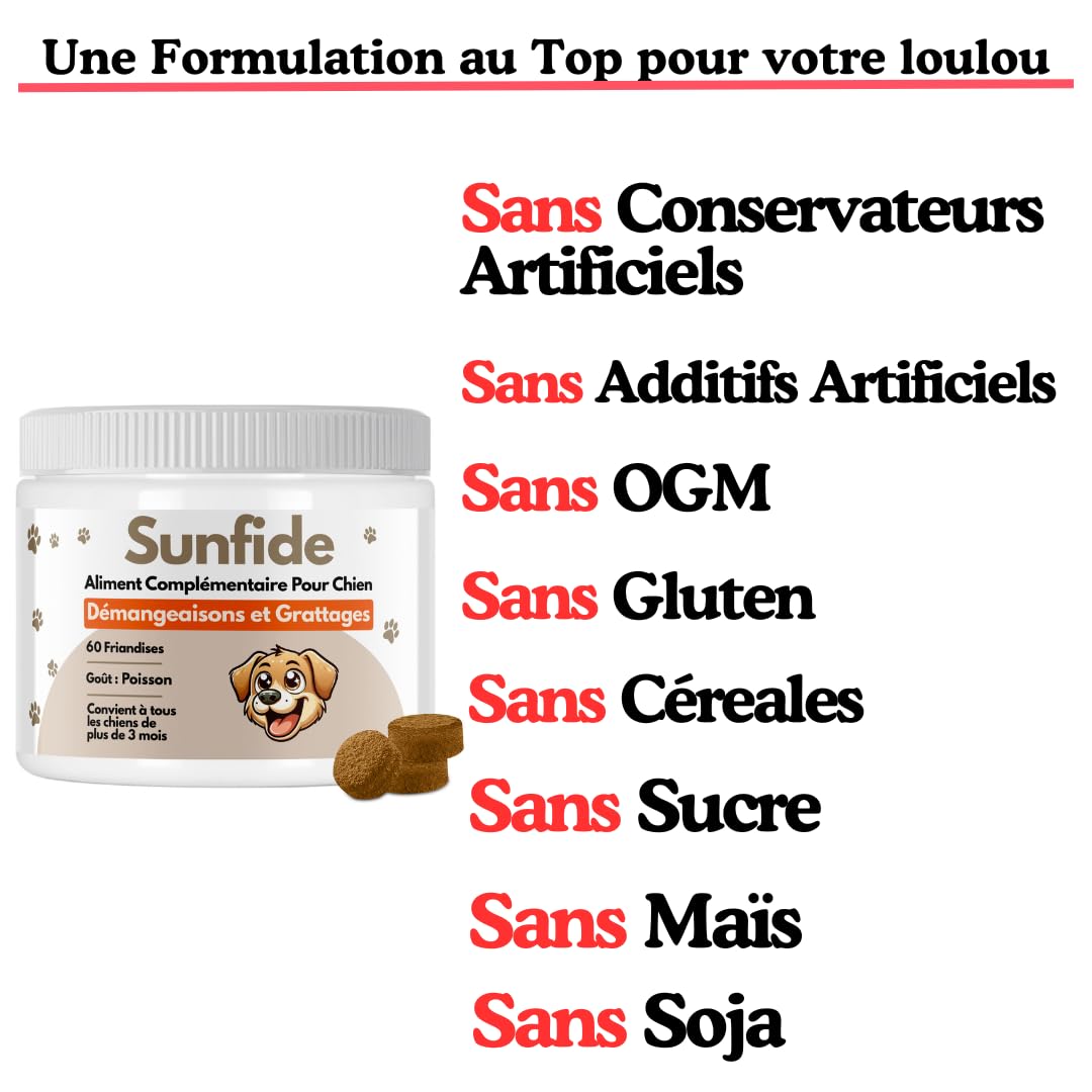 SUNFIDE - Démangeaisons - Complément Alimentaire pour Chien - Contre Les Démangeaisons, Léchages - Oméga 3 - Probiotiques pour Chien - Contre Les Allergies (1 Boîte (60 Friandises au Poisson))