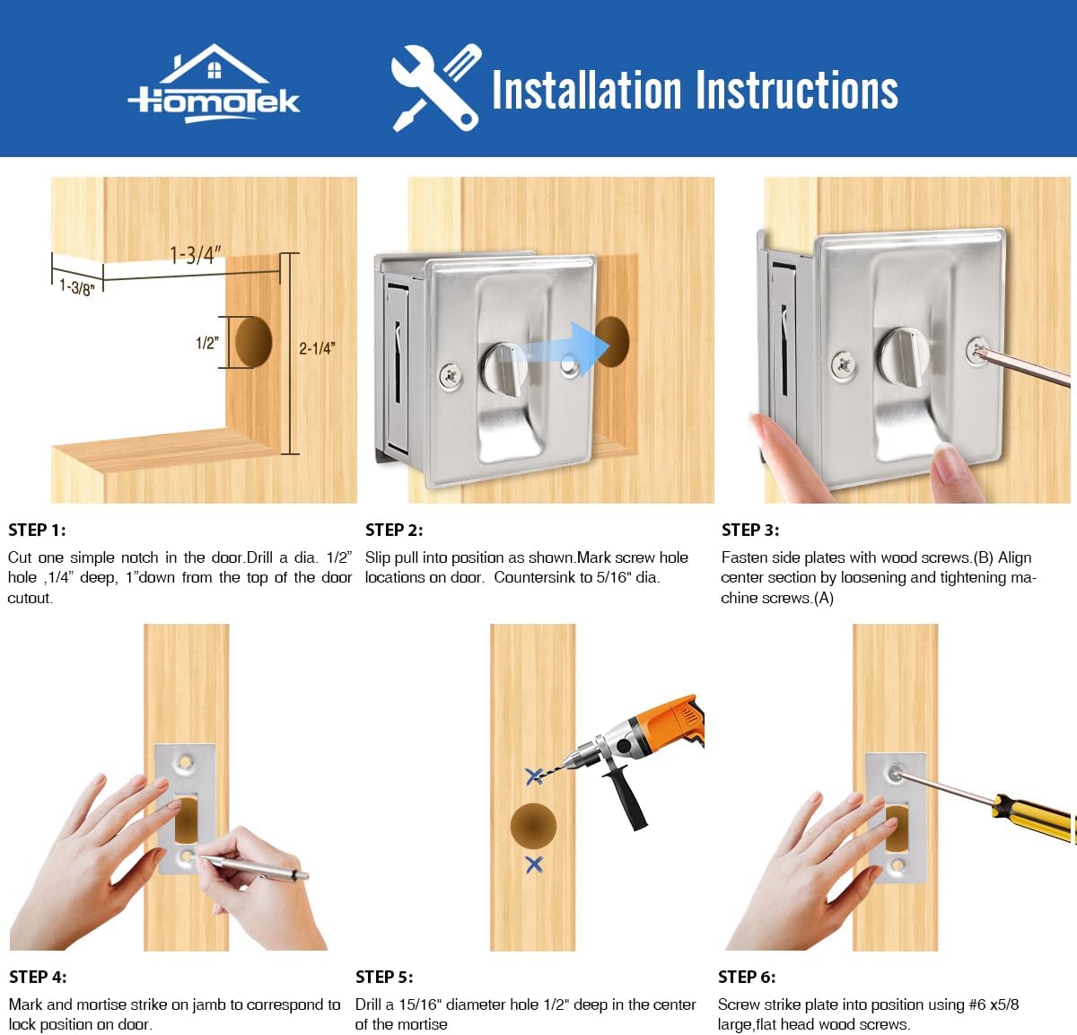 HOMOTEK 4 Pack Privacy Pocket Door Lock Hardware with Pull Pocket & Bi-Fold Door Hardware- Replace Old Or Damaged Sliding Door Locks, 2-3/4”x2-1/2”, for 1-3/8” Thickness Door, Brushed Nickel