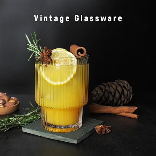 Miniatura 4 de Juego de 4 vasos de cristal acanalados, 13 onzas, taza de vidrio para beber estilo origami transparente, café helado, cóctel, cerveza, vasos de jugo