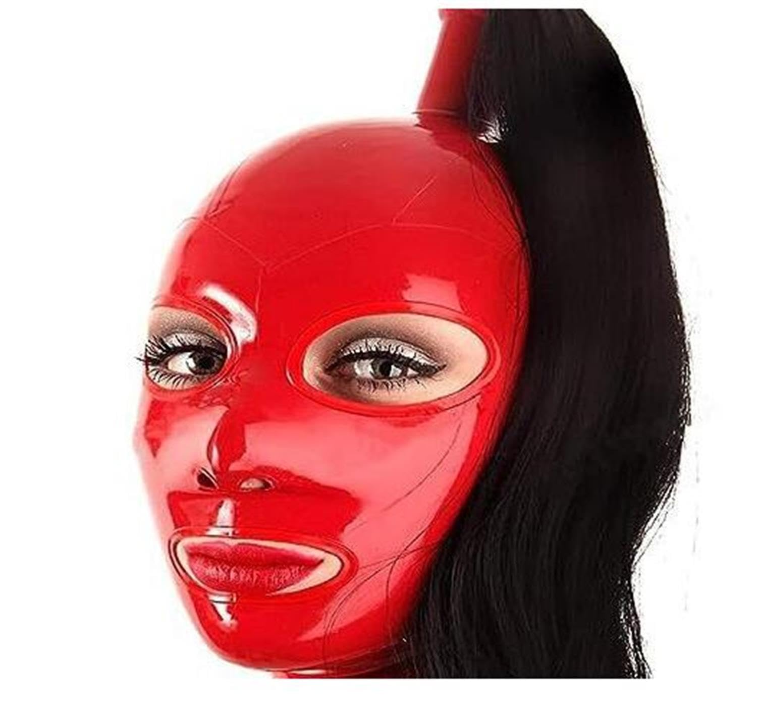 YIYELIY Latex Hood with wig,Rubber Mask Back Zipper latex Head Cover Cosplay Party Masks Men and Women (Red,M)