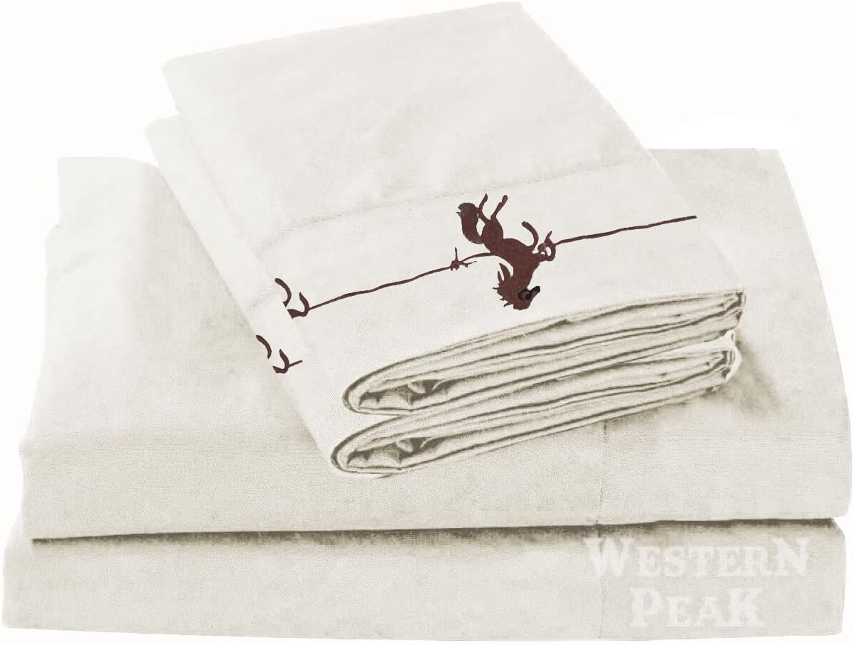 Western Polyester Bed Sheet 4 Piece Set Embroidery Horse Pillow Case (White, Queen)