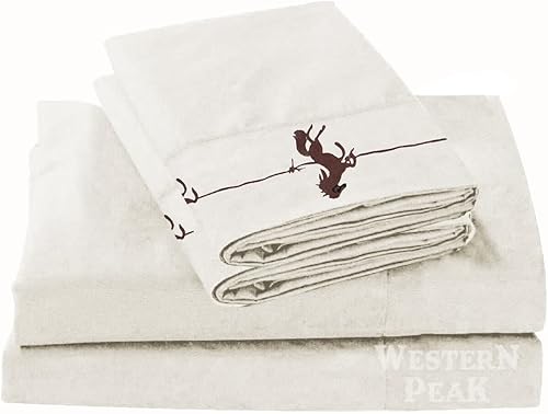 Juego de sábanas de poliéster occidental de 4 piezas con bordado de caballo (blanco, Queen)