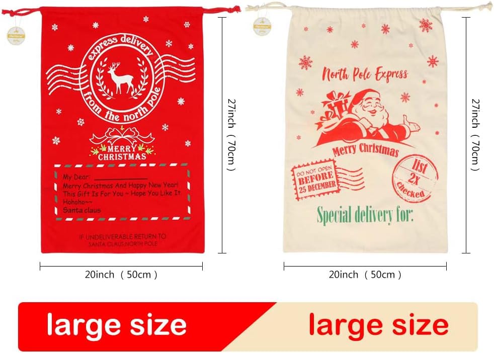 OurWarm 2Pcs Personalized Santa Sacks Christmas Gift Bags with Drawstring Large Santa Bags for Kids, 27 x 20 Inch Christmas Canvas Bags for Gifts