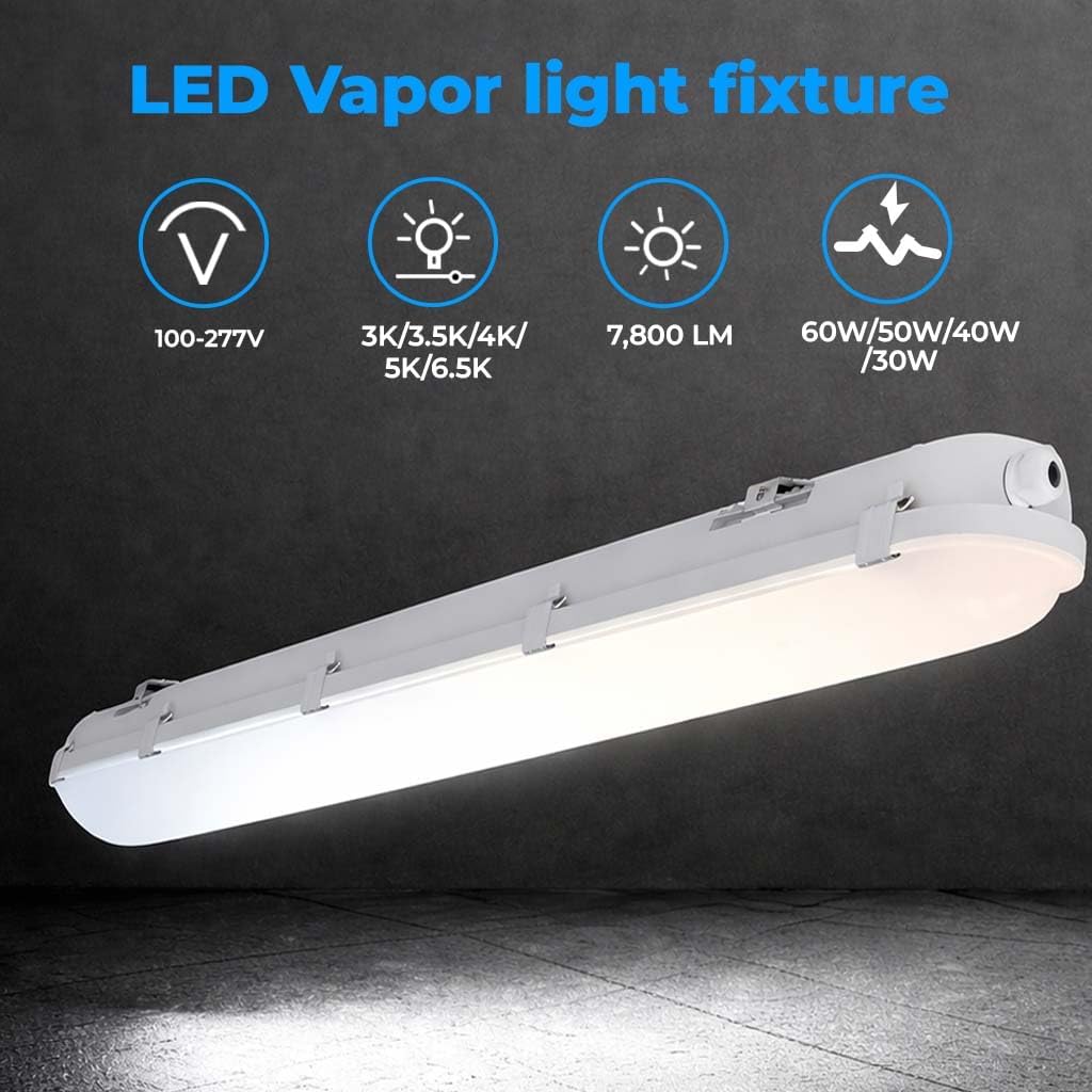 LED Vapor Tight Light Fixtures 60W/50W/40W/30W Adjustable, 3K/3.5K/4K/5K/6.5K 5CCT Selectable, Dimmable IP65 Vapor Proof Lighting for Shop Light for Parking Carport Car Wash,ETL Listed (4FT)