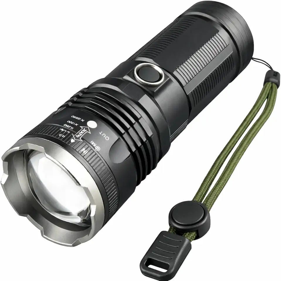 Lanterna Tática Militar Sabre de Luz Ultra Potente – Alcance até 2000m Testado | LED de Alta Intensidade | Zoom Regulável | 5 Modos | Recarregável USB | Power Bank | À Prova d’Água e Impacto