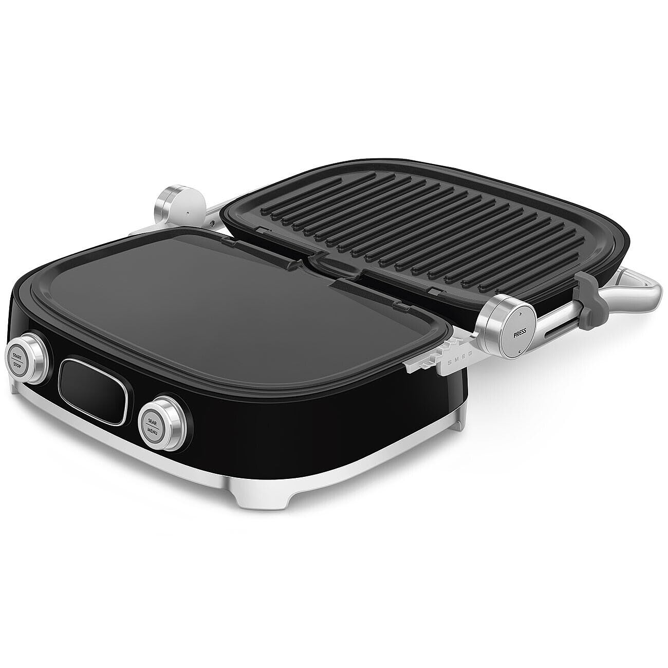 Smeg, MGF01BLEU, Grill Elettrico Multifunzione 3 in 1, Nero | Funzione SEAR, 3 Modalità di Cottura, Preset Panini, Waffle e Burger, 4 Piastre Incluse