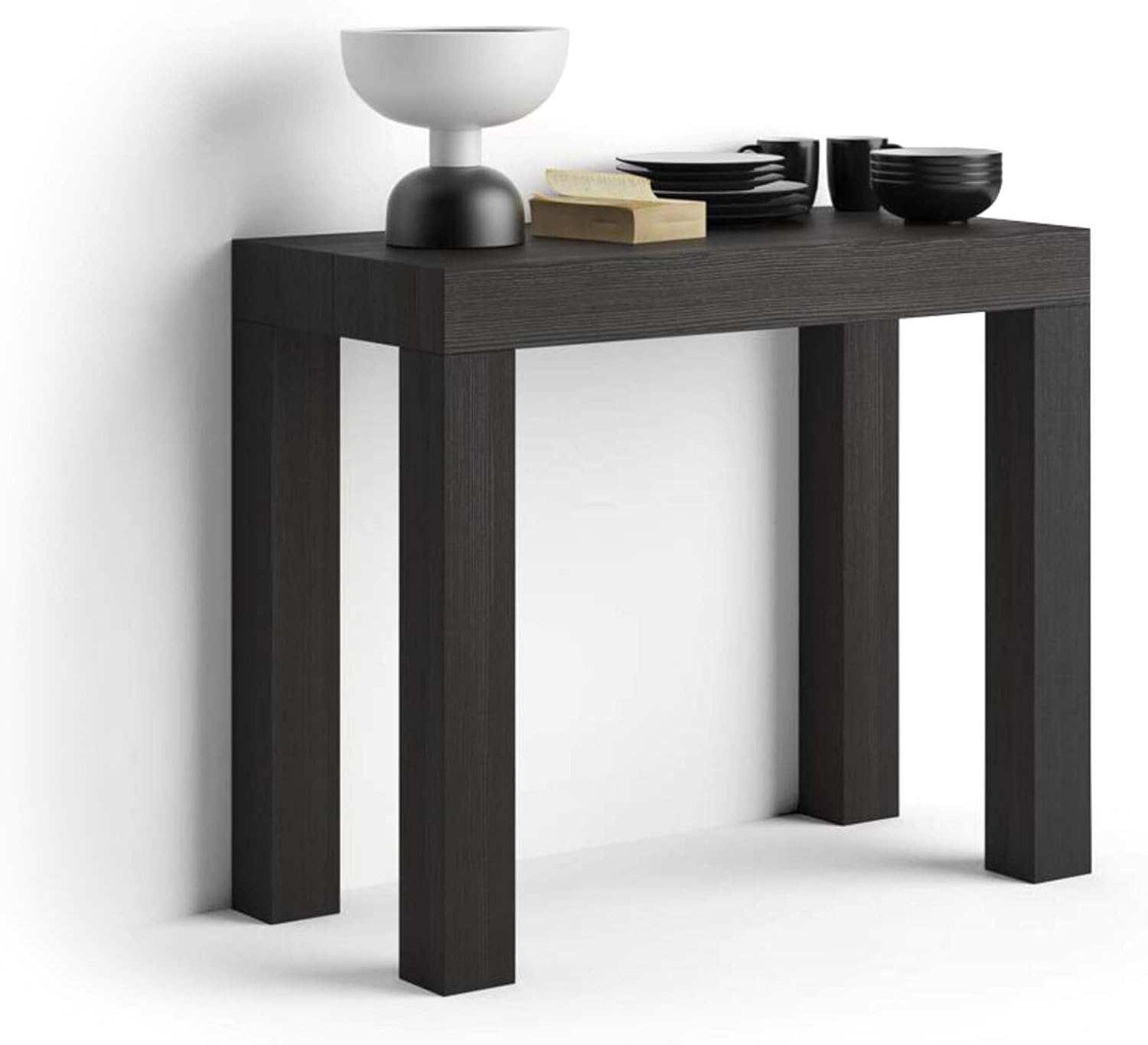 Mobili Fiver First Extendable Console Table in its compact, closed position, serving as a stylish console against a white wall.